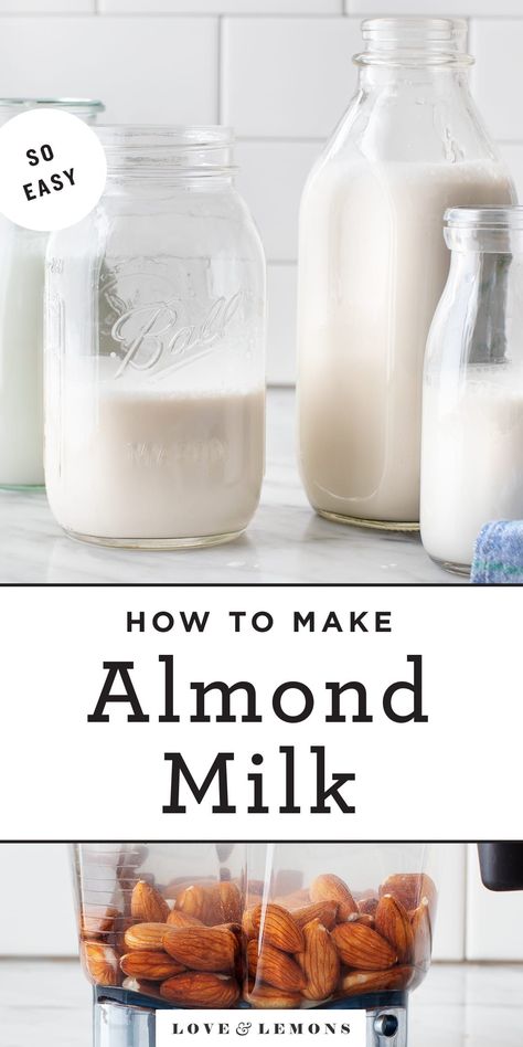 Learn how to make the BEST homemade almond milk! This easy recipe requires just 2 ingredients: almonds and water. Creamy and flavorful, it's perfect for making vegan and dairy-free smoothies, lattes, and more. | Love and Lemons #dairyfree #vegan #almondmilk #howto #plantbased Recipes Chili, Homemade Nut Milk, Chocolate Almond Milk, Cake Pizza, Make Almond Milk, Almond Milk Recipes, Pizza Sandwich, Homemade Almond Milk, Nut Milk Bag