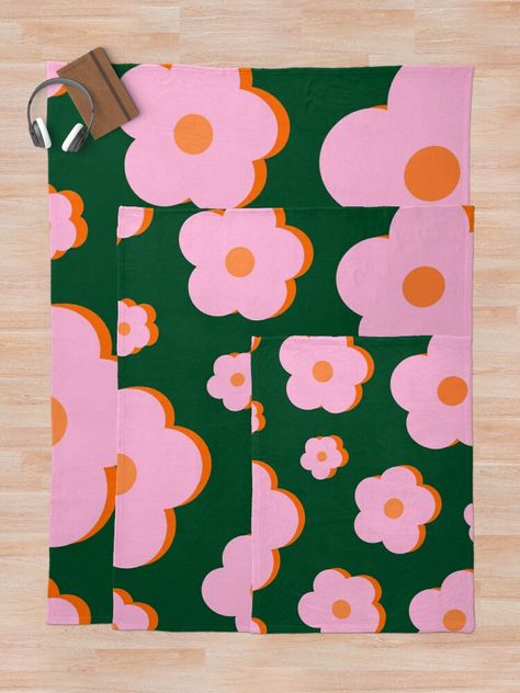 "Groovy Flowers in Pink, Orange and Green " Throw Blanket for Sale by OneThreeSix | Redbubble Green Branding, Groovy Flowers, Green Throw Blanket, Bedroom Orange, Dark Green Background, Green Palette, Green Throw, Green Room, Green Rooms