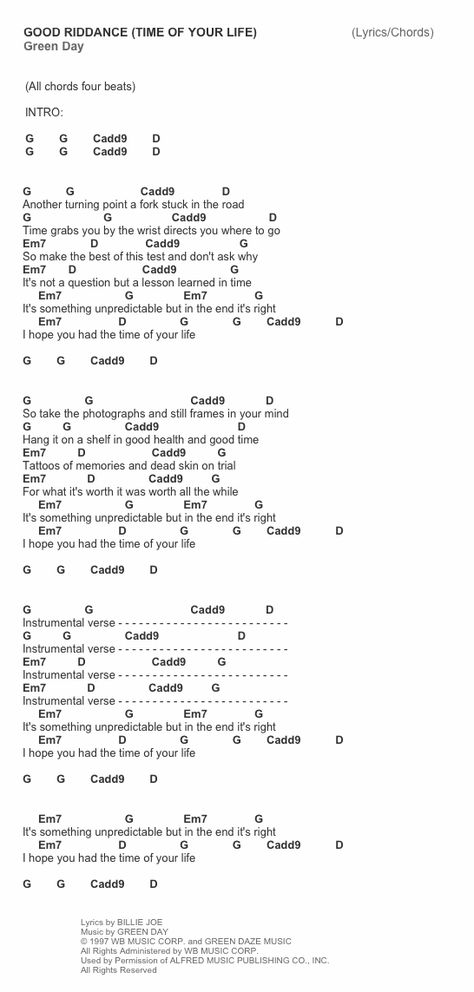 Time Of Your Life Green Day, Green Day Guitar Tab, Good Riddance Lyrics, Green Day Guitar, Songs Guitar, Song Chords, Ovation Guitar, Learn Guitar Chords, Great Song Lyrics