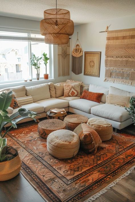 Boho Apartment Wall Decor, Dreamy Living Room, Cozy Boho Living Room, Living Room Refresh, Redesign Ideas, Plush Furniture, Earthy Home Decor, Interior Colors, Living Room Orange