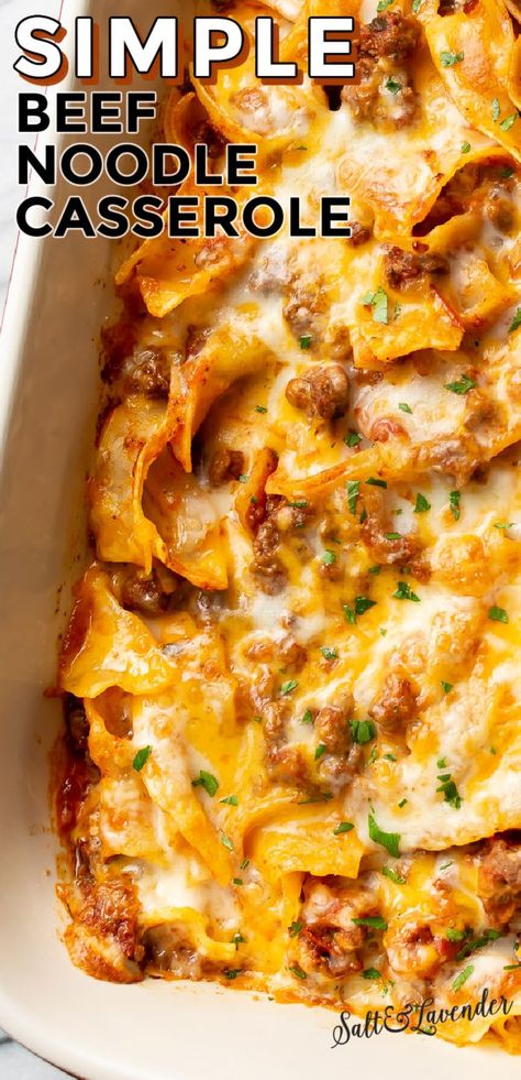 A hot weeknight dinner is easy with this delicious and simple beef noodle casserole recipe! It uses everyday ingredients and is family friendly. Noodles And Hamburger Meat Recipes, Simple Beef Casserole Recipes, Egg Noodle Beef Casserole, Easy Beef Noodle Casserole, Easy Dinner With Hamburger Meat Simple, Hamburger And Egg Noodles Recipes, Ground Beef Hotdish, Wide Noodle Recipes Dinners, Noodle Ground Beef Casserole