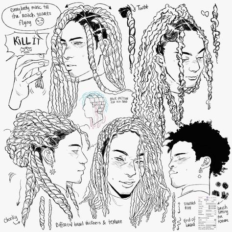 Poc Hair Tutorial Drawing, Locs Male Drawing, Drawing Poc Hairstyles, Drawing Locs Reference, Hair Locks Drawing Reference, Black Male Hairstyles Drawing Reference, Long Dreads Drawing Reference, Locs Hairstyles Drawing Reference, Locs Tutorial Drawing