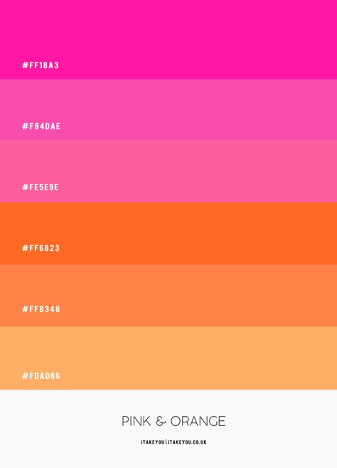 Pink and Orange Colour Scheme #Colour Palette 70 I Take You | Wedding Readings | Wedding Ideas | Wedding Dresses | Wedding Theme Pink And Orange Color Palette Hex Codes, Pink And Orange Colour Scheme, Orange Pink Black Color Palette, Pink And Orange Retro Wedding, Party Colour Themes Color Palettes, Orange Pink White Color Palette, Pink And Orange Wedding Palette, Pink Wedding Palette Colour Schemes, Orange Pink Color Scheme