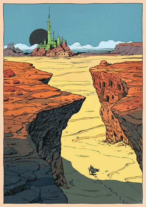 Moebius Landscape, Comic Landscape, Desert Sci Fi, Cliff Side, Trippy Landscape, Desert Concept Art, Fantasy Desert, Flat Landscape, Desert Landscape