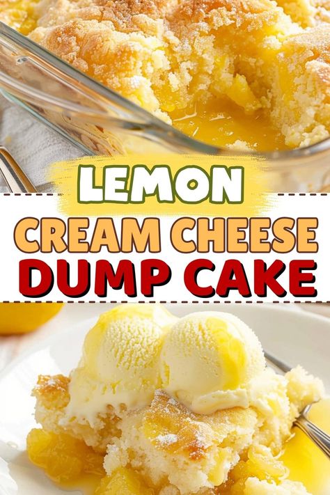 This easy lemon cream cheese dump cake is always a winner! With just 4 ingredients and minimal prep, it's the perfect last-minute treat. Lemon Cheesecake Dump Cake Recipe, Lemon Dump Cake Recipes With Pudding, Lemon Cheesecake Dump Cake, Lemon Dump Cake Recipes Pie Fillings, Dessert With Yellow Cake Mix Easy, Recipes With Lemon Pie Filling, Lemon Dump Cake With Cream Cheese, Lemon Cobbler Recipes, Easy Desserts With Cream Cheese