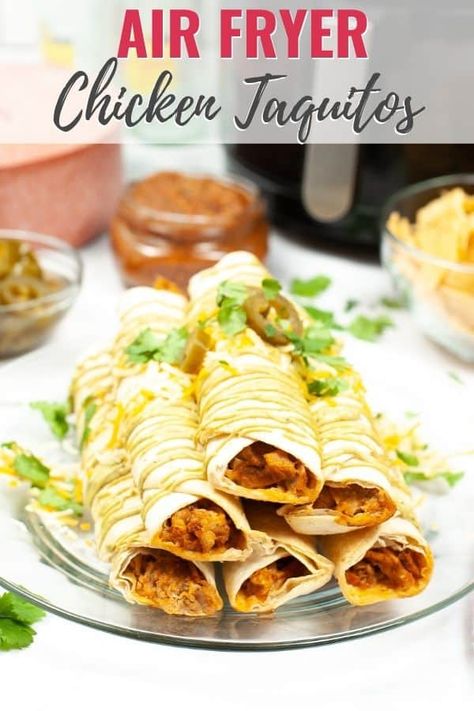 Air Fryer Taquitos are a quick, healthier version of this classic Mexican dish. Crispy outside with a delectable, spicy filling, they are sure to please everyone. Air Fryer Chicken Taquitos, Air Fryer Taquitos, Chicken Taquitos Recipe, Chicken Air Fryer, New Air Fryer Recipes, Crispy Corn, Taquitos Recipe, Crispy Chicken Wings, Mexican Dish