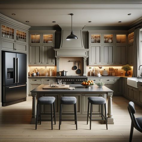 taupe kitchen cabinets with black stainless steel appliances Dark Neutral Cabinets, Kitchen Colors Schemes Black Appliances, Black Taupe Kitchen, Taupe Black Kitchen, Sw Caviar Cabinets, Urbane Bronze Kitchen Cabinets, Dark Taupe Kitchen Cabinets, Kitchen Cabinets With Black Appliances, Taupe Kitchen Cabinets