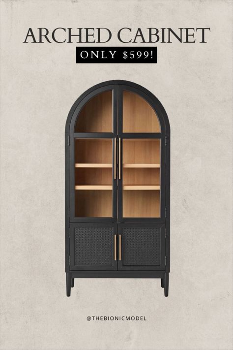 Black Rounded Cabinet, Glass Cabinet Living Room, Enzo Cabinet, Enzo Bookcase, Arched Bar Cabinet, Rounded Cabinet, Round Bookcase, Bookcase Bar Ideas, Black Bookcase Living Room