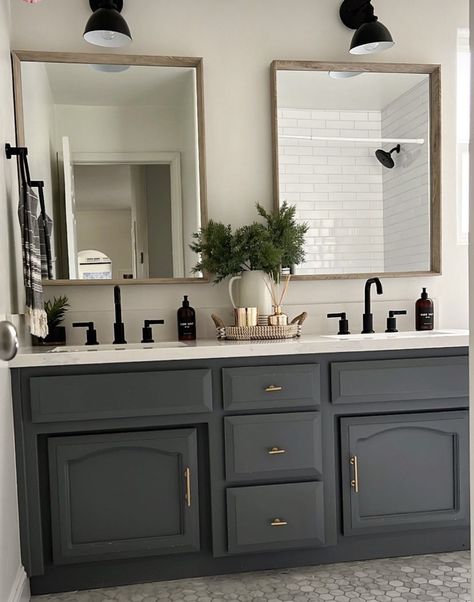 Master Bath Ideas Painted Cabinets, Half Bath Dark Grey Vanity, Bathroom Colors With Dark Cabinets, Slate Cabinets Bathroom, Peppercorn Cabinets Bathroom, Bathroom Charcoal Vanity, Bathrooms With Dark Vanities, Peppercorn Bathroom Cabinets, Bathroom Vanity Colors 2023