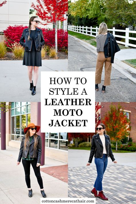 How to style a leather moto jacket | 14 leather moto jacket outfit ideas | Blank NYC Life Changer faux leather moto jacket | casual fall outfit ideas | transitional outfits | Cotton Cashmere Cat Hair Knit Moto Jacket Outfit, What To Wear With Moto Jacket, Black Moto Jacket Outfit Dressy, How To Style A Moto Jacket Outfit Ideas, Navy Moto Jacket Outfits, Moto Jacket Outfit 2023, Casual Faux Leather Jacket, Leather Jacket With Hoodie Outfit, Moro Jacket Outfit