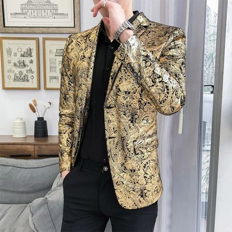 Men Paisley Floral Jackets Wine Red Golden Stage Suit Jacket Elegant W Color Blazer Outfits, Blazer Outfits For Men, Jacket Coat Fashion, Gold Suit, Gold Paisley, Slim Fit Blazer, Coat Trends, Leisure Suit, Slim Fit Blazers