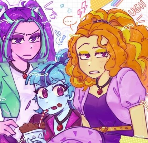 Aria Blaze, Sonata Dusk, Adagio Dazzle, Hand On Hip, Hip Jewelry, Exclamation Point, My Lil Pony, Mlp Fan Art, Drinking Straw