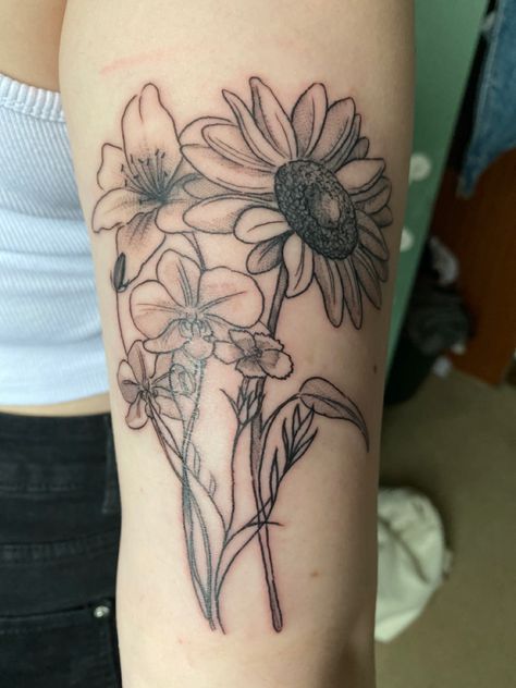 Flower tattoo line art orchid sunflower sweet William stargazer Lily Orchid Sunflower Tattoo, Flower Tattoo Line Art, Tattoo Line Art, Lillies Tattoo, Leopard Tattoos, Tattoo Line, Orchid Tattoo, Sweet William, Stargazer Lily