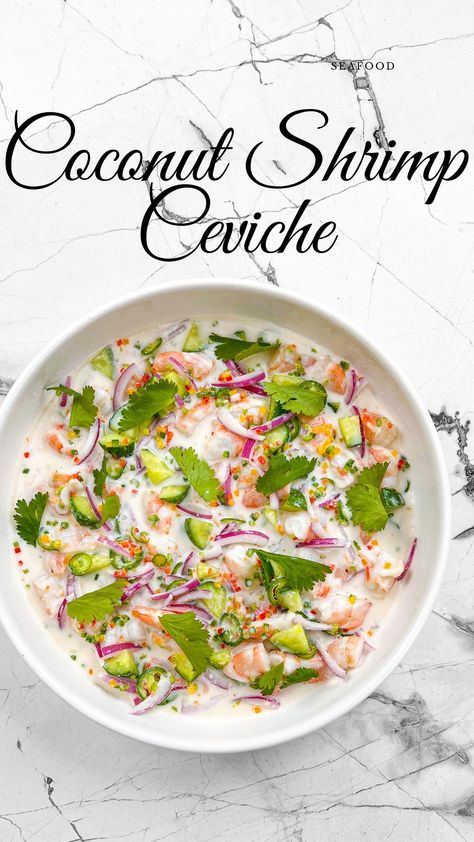 Happy first of the month! I got a lot of requests to repost this one because IG removed the audio from my last post. I’ll be back tomorrow… | Instagram Coconut Ceviche Recipe, Coconut Milk Ceviche, Ceviche With Coconut Milk, Chill Girlfriend, Shrimp Tartare, Ceviche Recipe Fish, Coconut Ceviche, Ceviche Shrimp, Coconut Salad