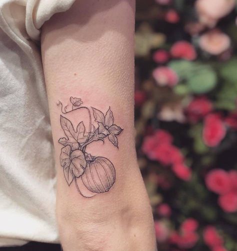 Pumpkin Plant Tattoo, Pumpkin Flower Tattoo, Pumpkin Vine Tattoo, Bloom Tattoo, Pumpkin Food, Lillies Tattoo, Pumpkin Tattoo, Pumpkin Vine, Bicep Tattoo