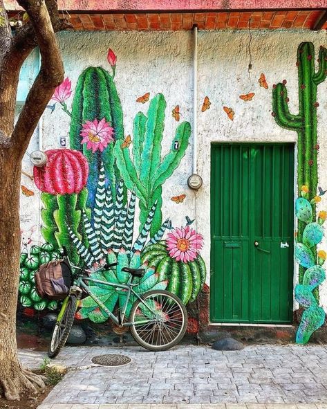 Contemporary Kitchen Design Ideas, Cactus Paintings, Wall Murals Diy, Open Sesame, Taco Shop, Garden Mural, Deco Jungle, Mexican Wall, Fence Art