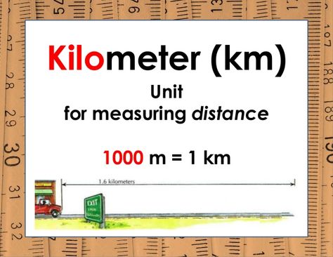 Kilometer (km) Unit for measuring distance 1000 m = 1 km Maths Fractions, Maths Revision, Math Made Easy, Graduated Cylinder, Vocabulary Word Walls, Math Operations, Learning Mathematics, Chinese Lessons, Math Measurement