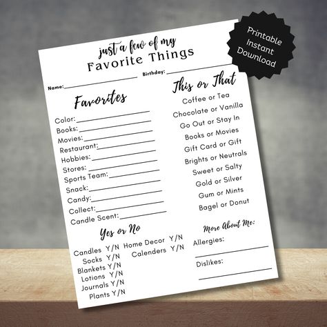 This "A Few of My Favorite Things" Survey/questionnaire is perfect to use when buying gifts for your co-workers, teachers, family, and anyone else you need to purchase a gift for but unsure what to get them. Favorite Things Survey, Employee Forms, Survey Questionnaire, Tea And Books, All About Me, All About Me!, Gift Store, My Favorite Things, Bride Gifts