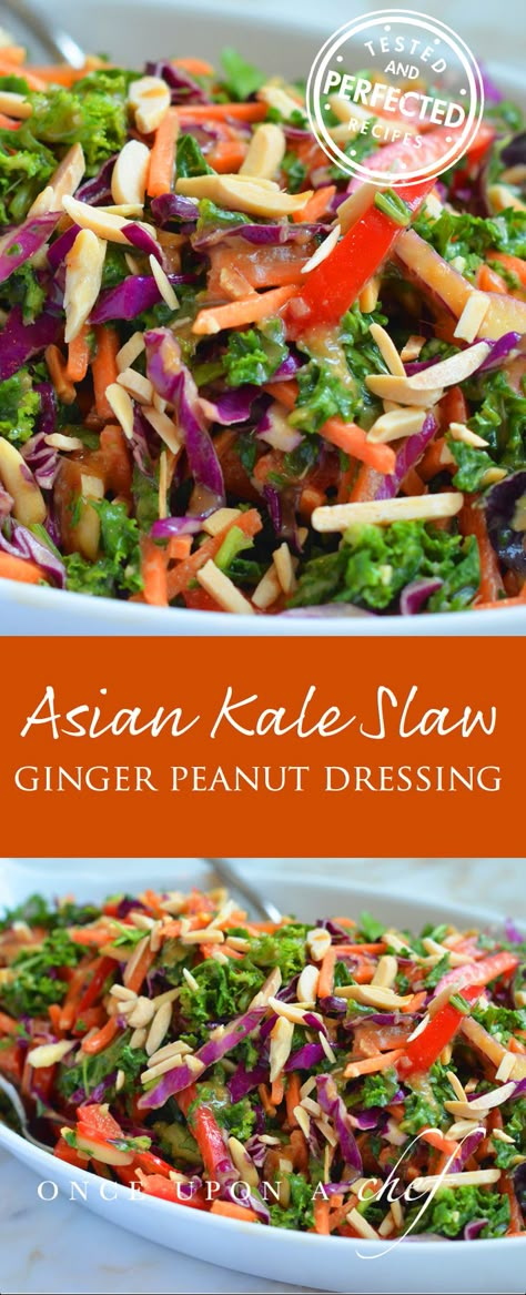 Asian Kale Salad with Ginger Peanut Dressing Asian Kale Salad, Ginger Peanut Dressing, Asian Kale, Chicken And Salad, Kale Salads, Kale Slaw, Once Upon A Chef, Peanut Dressing, Asian Salad