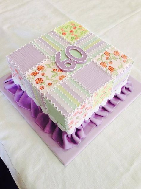 60th birthday patchwork cake                                                                                                                                                                                 More Patchwork Cakes Ideas, Quilt Cake Ideas Buttercream, Quilting Cake Ideas, Quilt Cakes Birthday, Quilting Themed Party, Quilt Birthday Cake, Quilt Cake Ideas, Cake Ideas For Moms Birthday, Quilted Cake Design