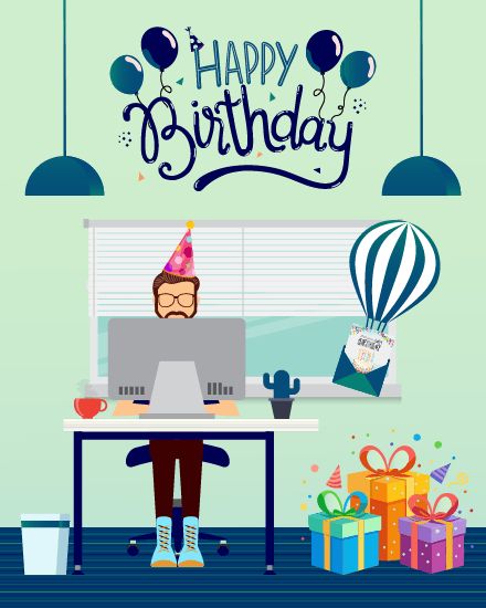 office-worker-work-on-desk-balloons-gifts-free-coworker-birthday-group-greeting-ecard-swo Birthday For Coworker, Free Birthday Cards, Coworkers Birthday, Free Birthday Card, Office Worker, Free Birthday, Special Birthday, Free Birthday Stuff, Ecards