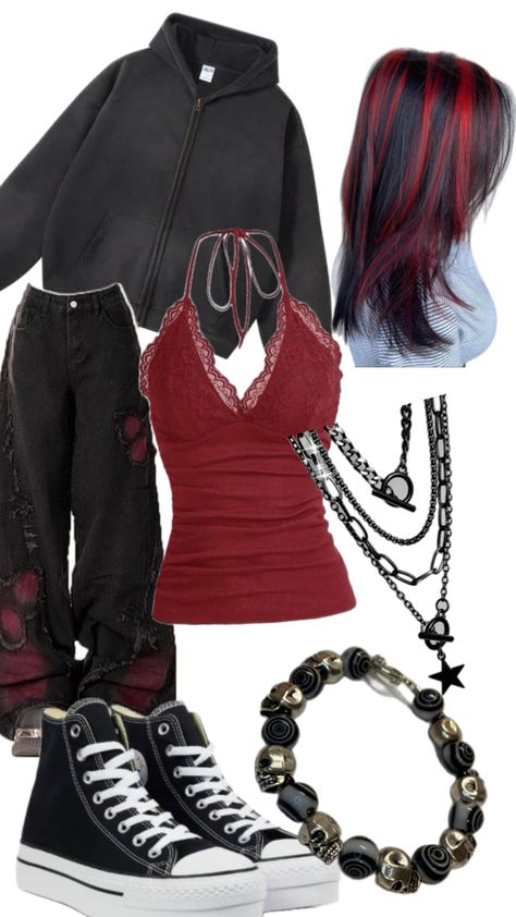 Grunge Outfits Red And Black, Fall Emo Outfits, Emo Fall Outfits, Edgy Y2k Outfits, Grunge Outfits Fall, Street Style Outfits Casual, Trashy Outfits, Trendy Outfits For Teens, 2000s Fashion Outfits