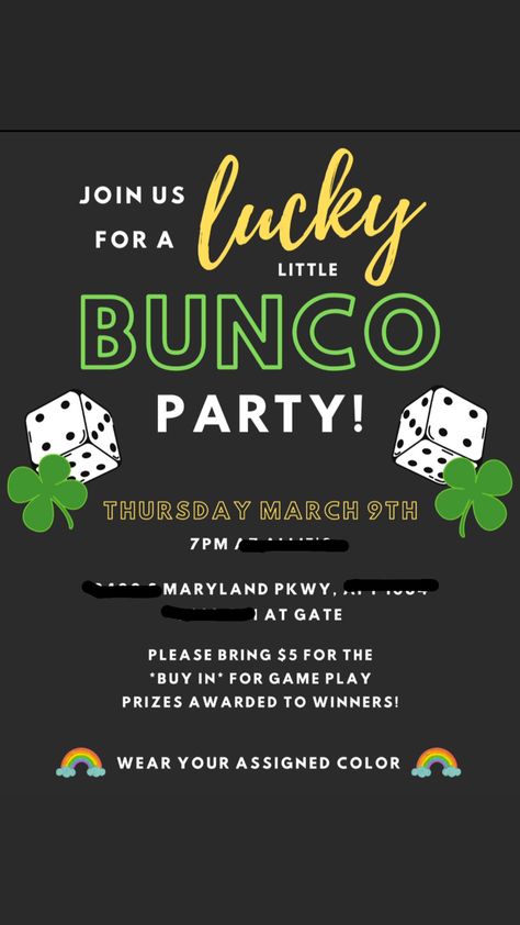 St pattys bunco invite! Girls night invitation May Bunco Theme, Bunco Party Themes For January, Bunco Party Themes For April, Bunco Napkins, Bunko Invitation Bunco Party, Bunco Party, St Pattys, Girls Night, Games To Play