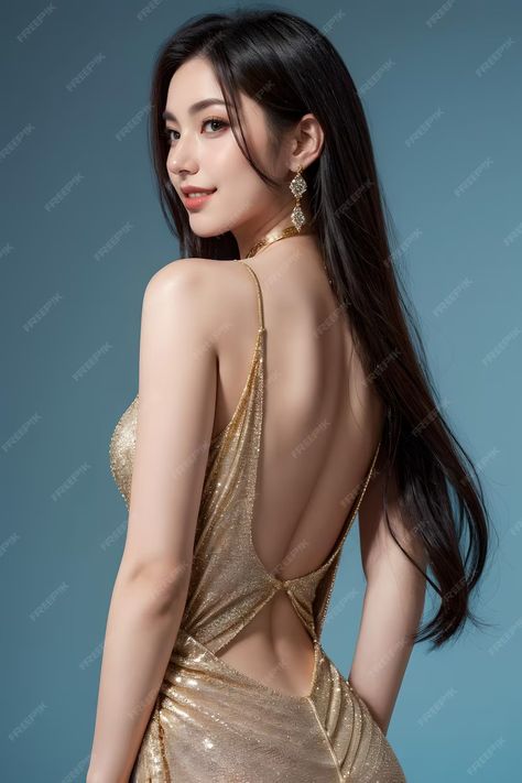 Premium Photo | A woman with long hair and a gold bra on her back Gold Bra, Asian Models Female, Beauty Portrait, Long Black Hair, Long Hair Girl, Luxury Dress, Model Poses, Asian Beauty, Girl Hairstyles