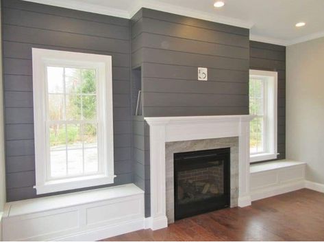 Grey Paneling, Grey Shiplap, Fireplace Shiplap, Gray Shiplap, Window Seating, Tv Cords, Ship Lap, Shiplap Fireplace, Bench Storage