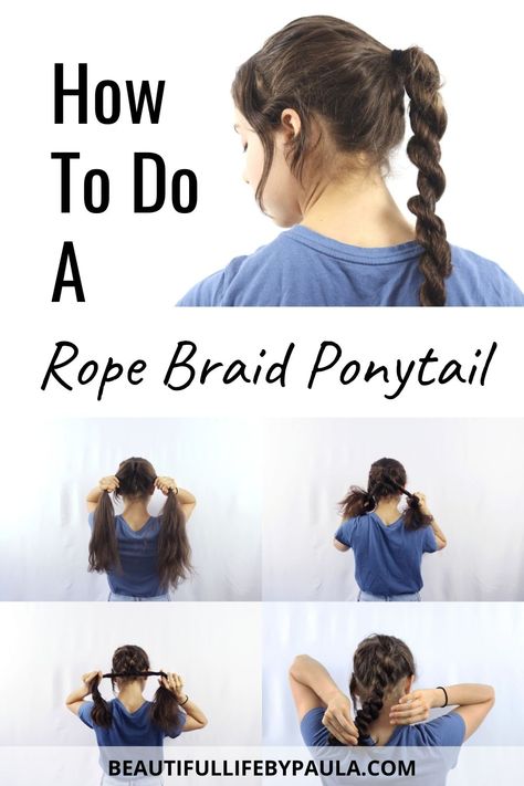 How to do a Rope Braid step by step with pictures! The Rope Braid Ponytail is the easiest braid to do on yourself, since it is a two-strand braid, rather than three. I love this hairstyle for long hair! Step By Step Braids On Yourself, Knot Braids, Rope Braided Hairstyle, Hair Braid Designs, Hair Colour Ideas, Hairstyles For Ladies, Braiding Your Own Hair, Braid Ponytail, Girls Hairstyles Easy