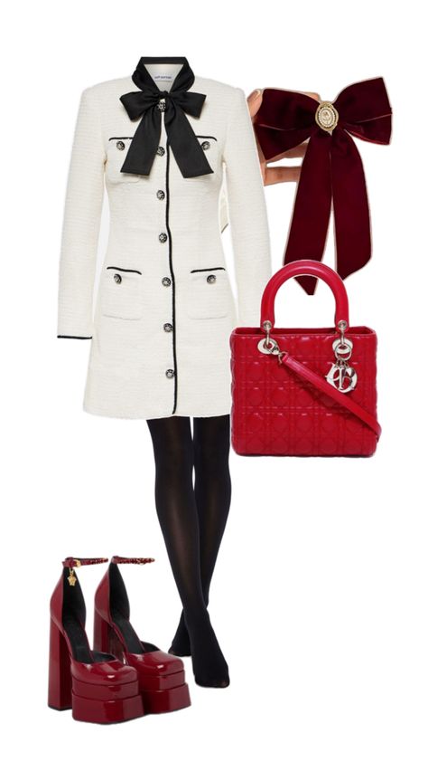 Black tights, white dress, red heels, Dior bag, red veroche ribbon Blair Waldorf Outfits Inspired, Outfit Blair Waldorf, Blair Waldorf Inspired Outfits, Blair Waldorf Outfits, Outfit Inspired, Emily In Paris, Waldorf Inspired, Blair Waldorf, Vintage Elegant