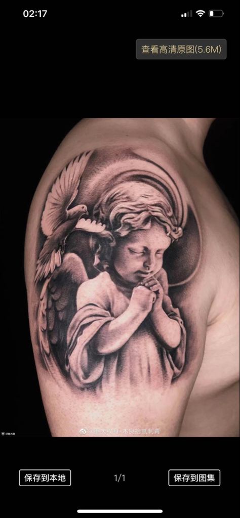 Praying Tattoos For Women, Angels Tattoo Men, Baby Angles Tattoos, Angel Shoulder Tattoo Men, Praying Angel Tattoo Designs, Angel Tattoo Realistic, Baby Angel Tattoo Designs, Angel Praying Tattoo, Shoulder Tattoo Men Ideas