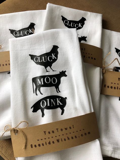 Excited to share this item from my #etsy shop: Tea Towel, Cluck Moo Oink, Towel, Kithen Towel, Farm House Towel Kitchen Towels Diy, Sock Cupcakes, Hello Sticker, Socks Party, Trendy Caps, Diy Towels, Distressed Baseball Cap, Hot Springs National Park, Vendor Booth