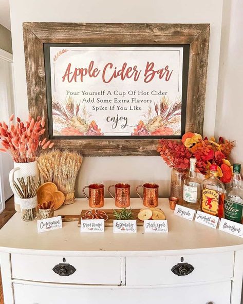 Apple Cider At Wedding, Fall Venue Decor, Apple Cider Bar Sign, Fall Baby Shower Apple Cider Bar, Fall Apple Cider Bar, Fall Cider Bar, Apple Cider Baby Shower Theme, Baby Shower Apple Theme, Fall Apple Baby Shower Ideas