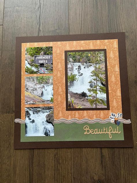 Waterfall Scrapbook, Family Scrapbook Layouts, Scrapbooking Layouts Travel, Beautiful Scrapbook Layouts, Oregon Vacation, Mountain Waterfall, Vacation Scrapbook, Creative Memories Scrapbooking, Simple Scrapbook