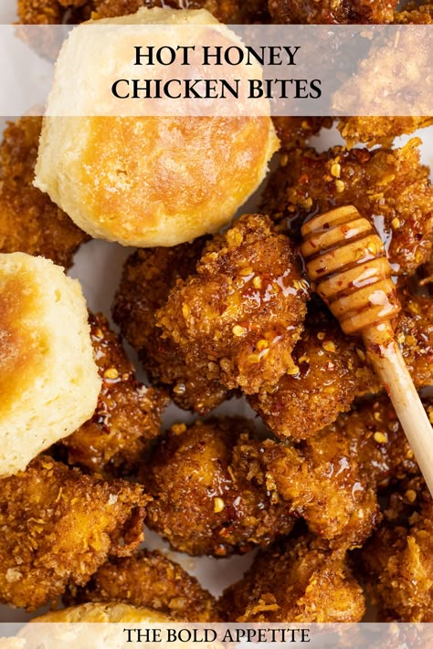 up close of crispy fried panko crusted chicken covered in hot honey next to biscuits Hot Honey Cheese Bites, Hot Honey Chicken Nuggets, Hot Honey Chicken Bites, Mikes Hot Honey Chicken Recipes, Honey Chicken Bites, Chili Garlic Shrimp Recipe, Hot Honey Recipes, Chicken Family Meals, Hot Honey Chicken Tenders