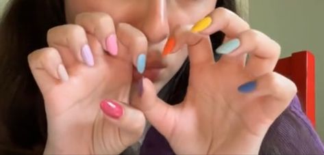 enid's colorful nails Enid’s Nails Wednesday, Enid From Wednesday Nails, Nails One Finger Different, Enid Make Up Wednesday, Wednesday Enid Nails, Wednesday And Enid Nails, Enid Nails Wednesday, Jenna Ortega Nails, Wednesday Inspired Nails