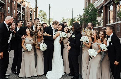 Neutral Bridesmaids Dresses & Classic Tuxedos in Wedding Party at Classic Downtown Wedding in Nashville | Janelle Elise Photography | The Pink Bride®️️ www.thepinkbride.com Neutral Wedding Party, Tan Bridesmaids, White Tuxedo Wedding, Tan Bridesmaid Dresses, Black Tuxedo Wedding, Dress Couple, Neutral Bridesmaid Dresses, Wedding Parties Colors, Classic Wedding Hair