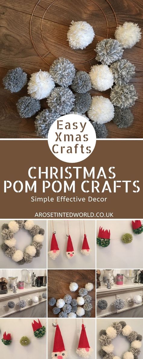 Wool Pompoms Diy How To Make, Christmas Pompoms Decorations, Crafts With Yarn Pom Poms, Diy Puff Ball Pom Poms, Pompom Ornaments Christmas Tree, Pompom Wreath Christmas How To Make, Pom Pom Xmas Decorations, Pom Pom Trees Christmas, Christmas Pompom Garland