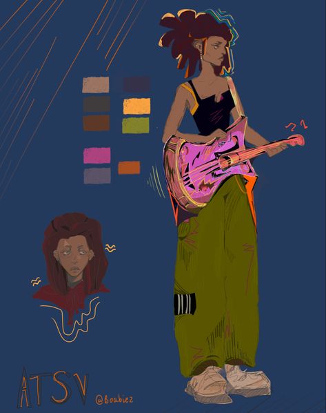 Digital illustration of a woman with a guitar, inspired by the art style of Spider-Man; across the spiderverse Spiderverse Official Art, Spiderman Into The Spiderverse, Into The Spiderverse, Spiderman, Character Design, Art, Design