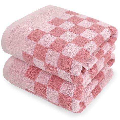 Bathroom Pink, Pink Bath Towels, Towels For Bathroom, Pink Checkered, Pink Baths, Soft Bath Towels, Pink Towels, Shower Towel, Quick Dry Towel