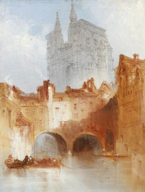 David Roberts - Canal Scene with Cathedral in Background Ap Backgrounds, Art Asthetics, Guildhall Art Gallery, Toledo Cathedral, Architecture Paintings, David Roberts, Glasgow Museum, Oil Painting Gallery, Milan Cathedral