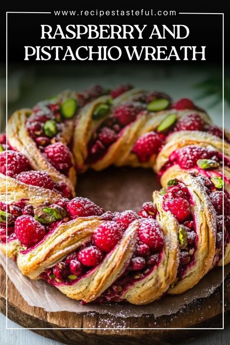 A beautiful, festive, and delicious Raspberry and Pistachio Wreath that’s perfect for Christmas gifting or sharing with loved ones. This wreath combines sweet raspberry jam and crunchy pistachios in a soft, fluffy dough. Raspberry And Pistachio, Wreath Recipe, Raspberry Pistachio, Edible Christmas Gifts, Raspberry Desserts, Christmas Gifting, Dairy Free Milk, Chocolate Cinnamon, Raspberry Jam