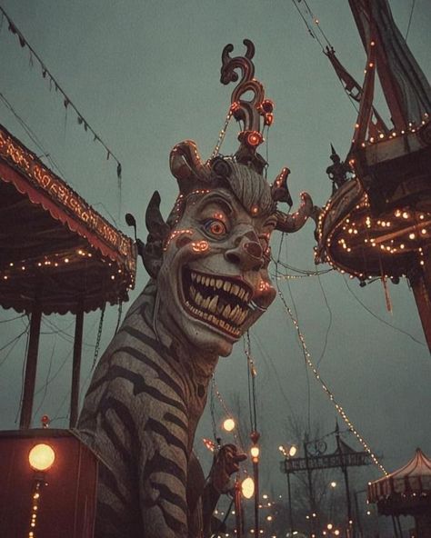 Carnival Core Aesthetic, Creepy Amusement Park, Circus Big Top, Scary Carousel, Scary Circus Aesthetic, Creepy Carnival Aesthetic, Creepy Circus Aesthetic, Old Circus Aesthetic, Dark Clown Aesthetic