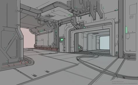 Mech Aesthetic, Sci Fi Hallway, Corridor Ideas, Futuristic Interiors, Scifi Environment, Scifi Interior, Interior Concept Art, Art Test, Sci Fi Props