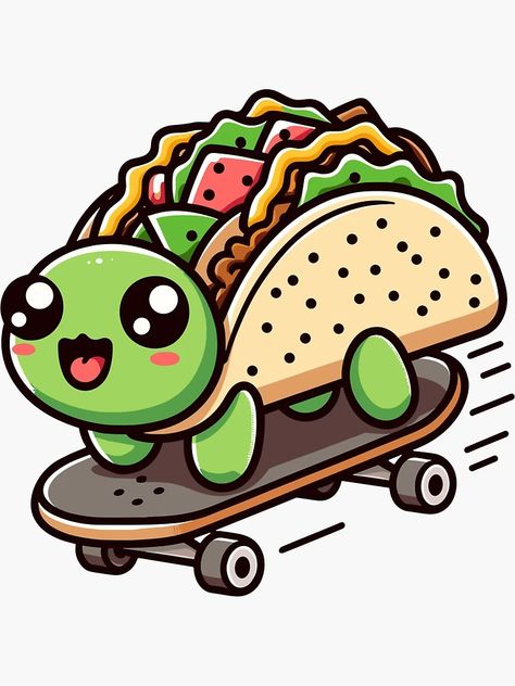 "Taco Turtle Riding Skateboard" Sticker for Sale by SweetClicks123 | Redbubble Turtle Skateboarding Tattoo, Turtle With Mushrooms Drawing, Turtle On A Skateboard Drawing, Funny Turtle Drawings, Turtle Eating Strawberry, Taco Drawing, Skateboard Tattoo, Cute Turtle Drawings, Kawaii Turtle