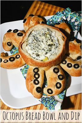 Octopus Bread Bowl and Dip- only 3 ingredients for this fun sea inspired dish! Octopus Shaped Food, Octopus Charcuterie Board, Octopus Themed Snacks, Octopus Themed Food, Pirate Dinner Party Food, Beach Themed Appetizers, Octopus Treats, Octopus Dessert, Scuba Snacks