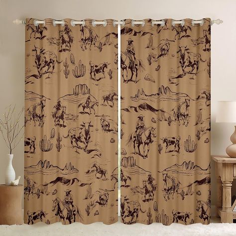 PRICES MAY VARY. Curtain Set: Set includes 2 panels each of 38''x45'' or 38''x54'' or 42''x63'' or 42''x84'' or 42''x90'' or 52''x63'' or 52''x84'' or 52''x90'' or 52''x96''; plastic grommets on top; inner diameter 1.8" and outer 2.7"; easy to hang and slide smoothly Material: Velvet fabric; our decorative curtains not 100% blackout curtains or not 100% light blocking curtains,but can block out 30-50% sunlight; dark color works better than light color Window Treatments: Our curtain can protect y Boys Cowboy Room, Boho Western Bedroom, Cowboy Curtains, Boys Bedroom Curtains, Curtains Brown, Vintage Western Decor, Western Curtains, Cowboy Room, Western Nursery