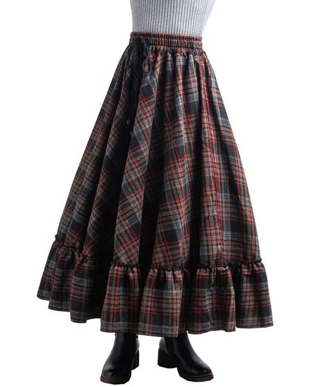 Femiserah Women's Elastic Waist A Line Long Maxi Plaid Wool Skirt Vintage Wool Skirt #Sponsored Vintage A Line Skirt, Long Vintage Skirt Outfits, Long Skirt Pattern Sewing, Long Plaid Skirt Outfit, Long Vintage Skirt, Pleated Skirt Winter, Warm Skirt, Light Grey Skirt, Long Skirt Pattern