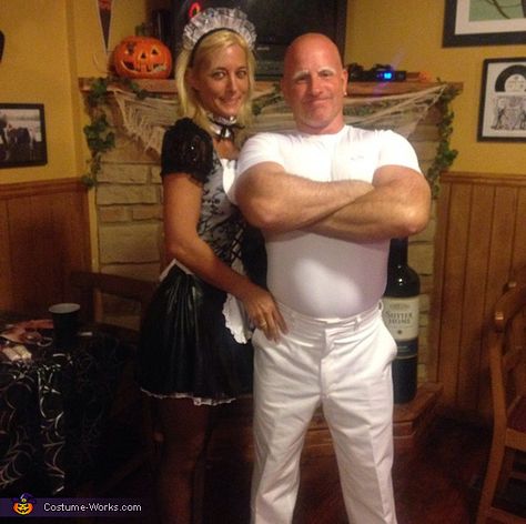 Jeff: Jeff is wearing the Mr. Clean costume. Jessica is wearing the maid costume. Its actually pretty simple. My head is always shaved and have been hearing I look like Mr.... Bald Halloween Costumes Couples, Me Clean Costume, Mr Clean Halloween Costume Couples, Mr Clean Couples Costume, Maid Couple Costume, Mr Clean Halloween Costume, Mr Clean Costume, Halloween Costumes College Group, Homemade Halloween Costumes For Adults